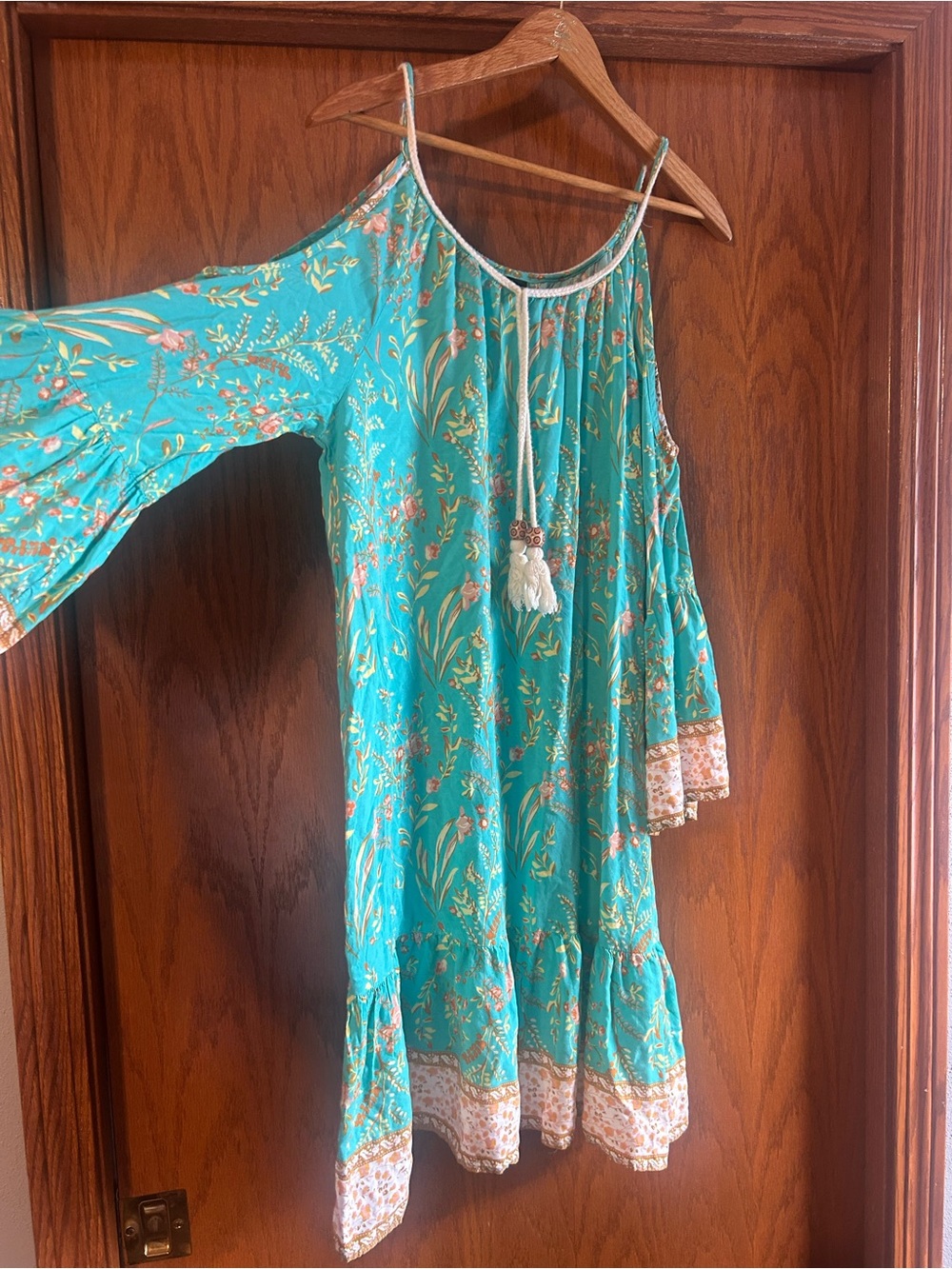 SHEIN Teal Floral One-Shoulder Boho Dress with Tassel Tie